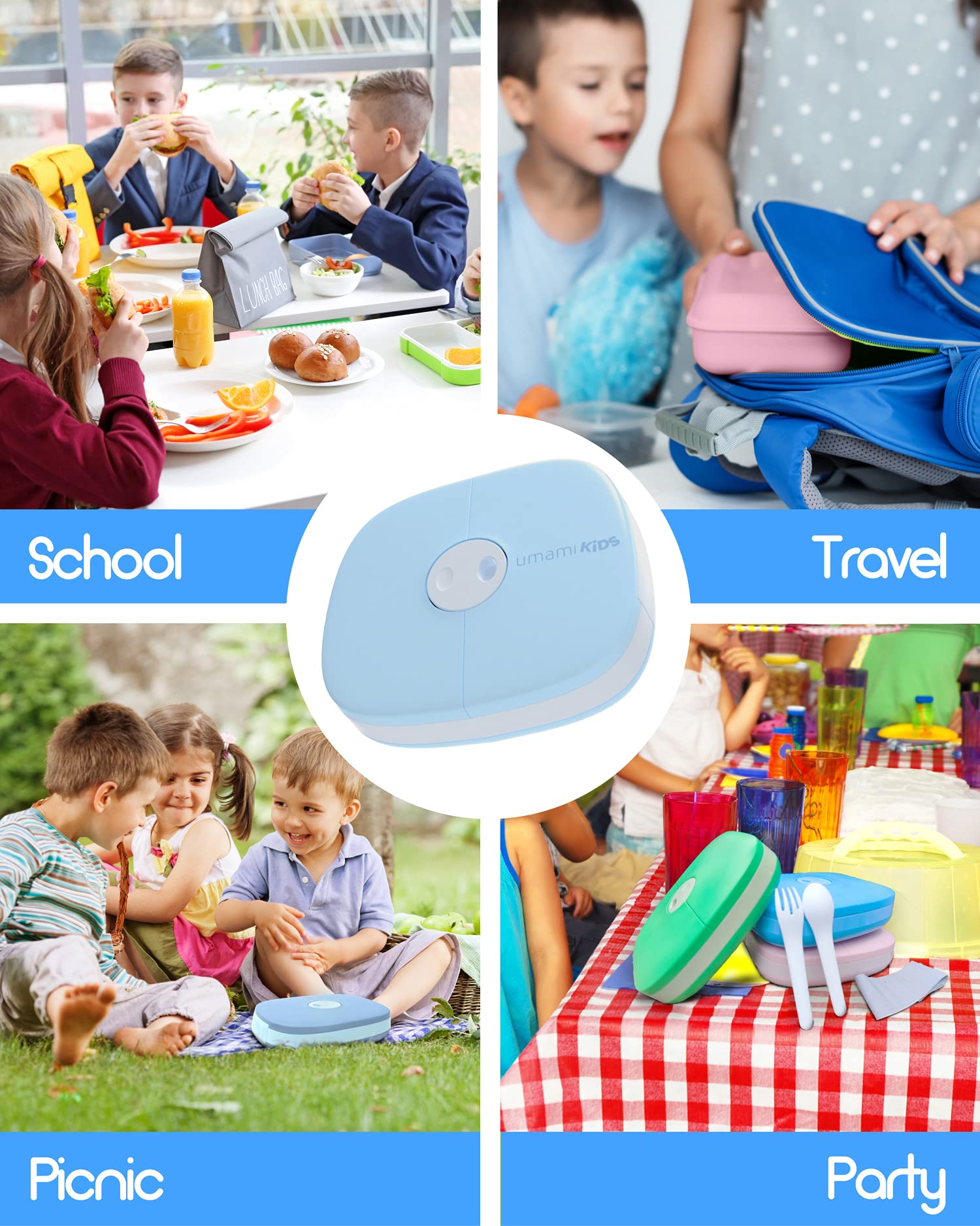 Umami All-in-1 Bento Box for Kids, Ice-pack & Utensils Included, 100% Leakproof & BPA free, Parents' favorite Lunch Box Kids (Blue, 27 oz)