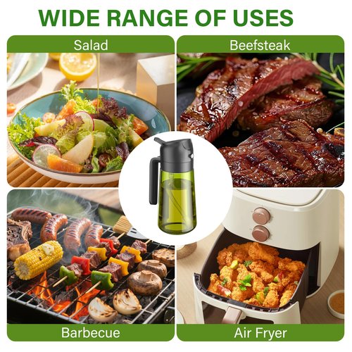 Vakoo 2 in 1 Oil Sprayer and Oil Dispenser for Kitchen - 16oz/470ml Light-Blocking Dark Glass Olive Oil Spray Bottle for Cooking, Air Fryer, Salad & BBQ (Black&Green)