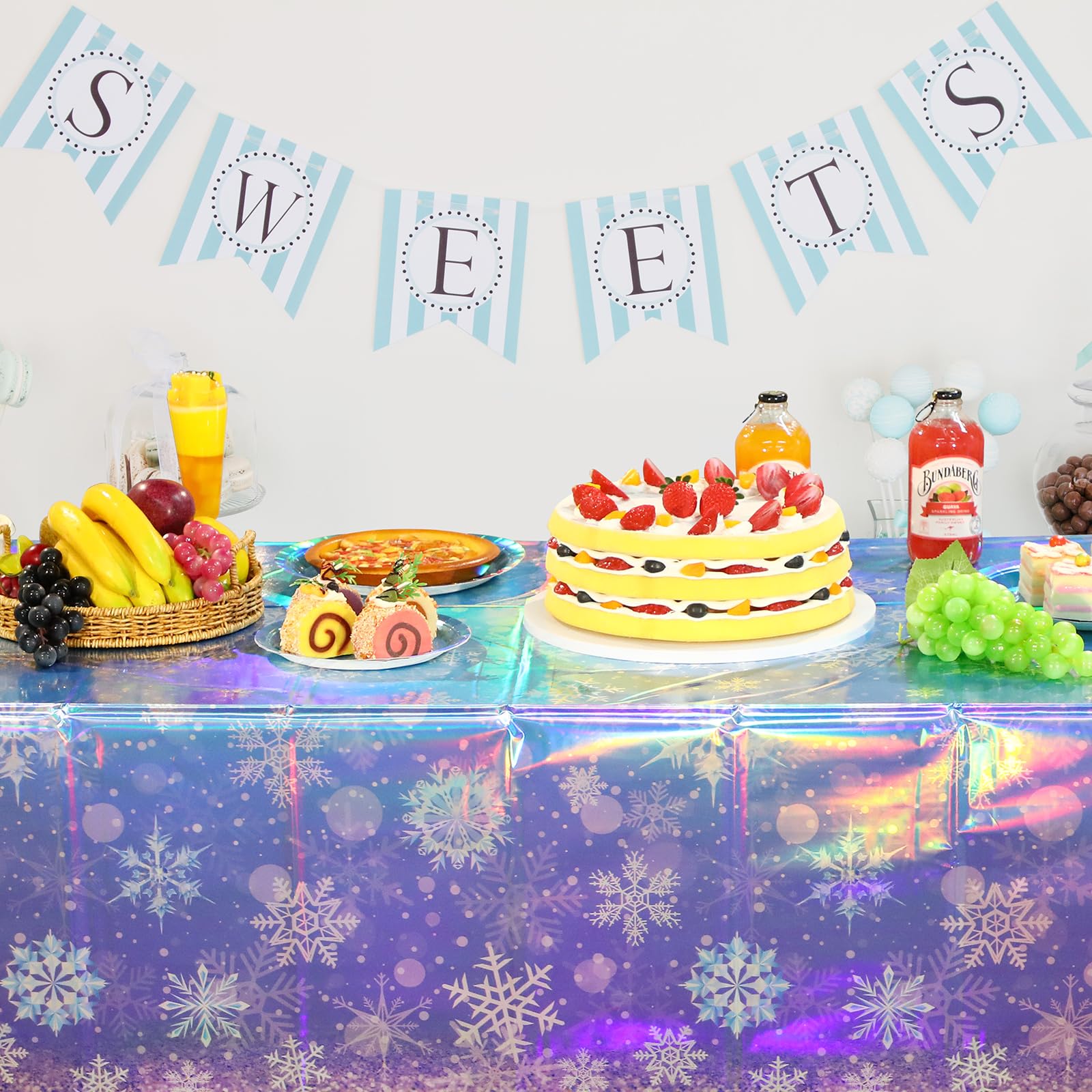 1 Pack Iridescent Winter Snowflake Plastic Tablecloth Decorations, Holographic Blue and Purple Snowflake Winter Wonderland Disposable Table Cover for Winter Holiday Birthday Decorations, 54x108 Inch