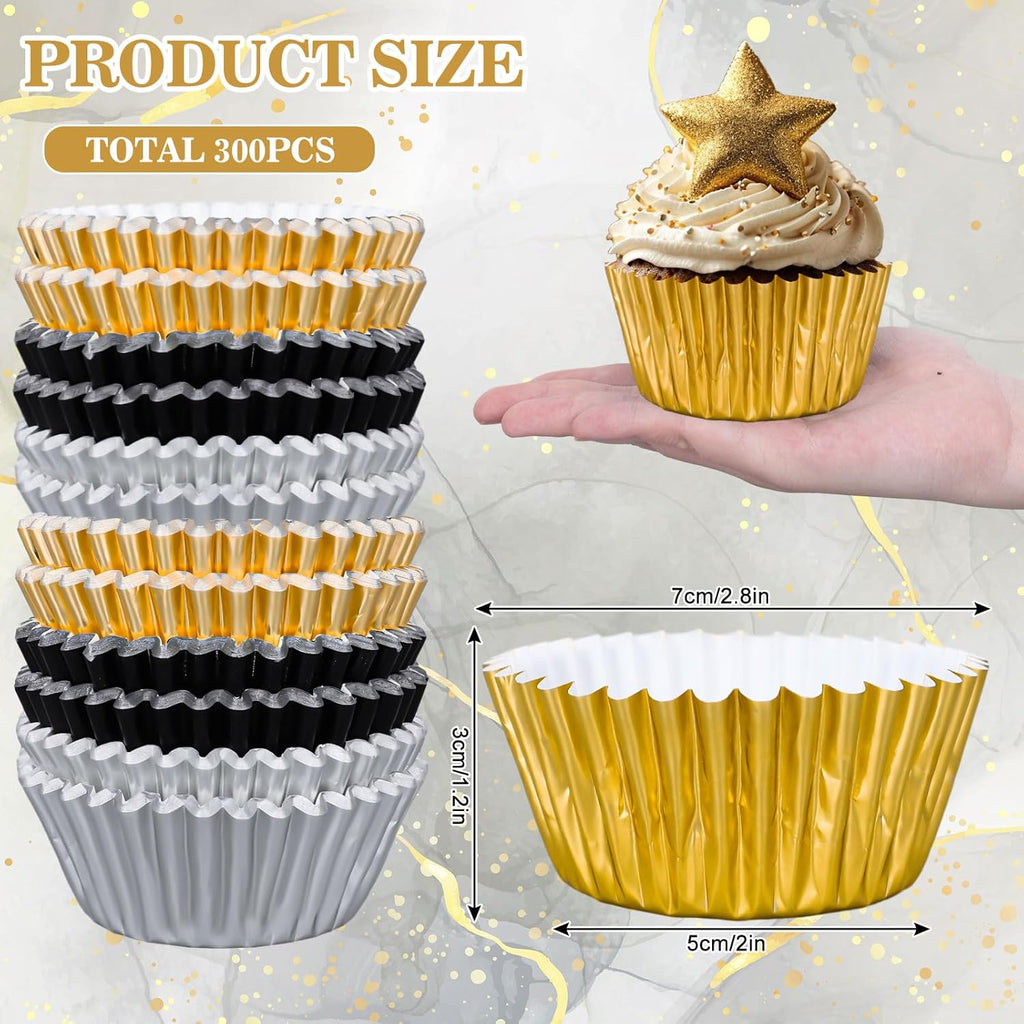 Whaline Graduation Cupcake Liners - 300 Pcs Black, Silver & Gold Foil Baking Cups for Parties