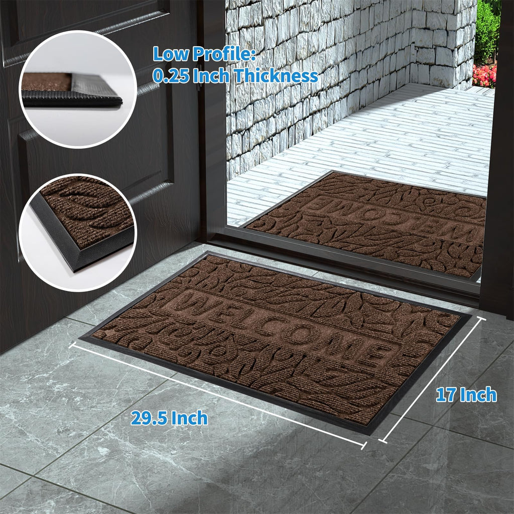 Yimobra Welcome Mat Outdoor 29.5x17, Waterproof Non-Slip Outdoor Mats for Front Door Outside Entrance, Low-Profile Entryway Mat Indoor for Garage Patio, Coffee