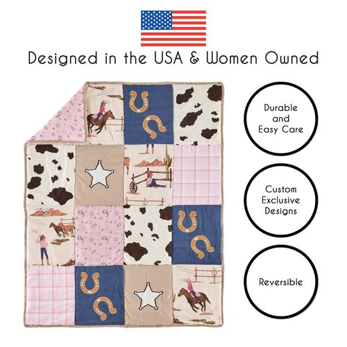 Sweet Jojo Designs 4-Piece Baby Crib Bedding Set (Western Cowgirl) for Girls, Infants/Nursery incl. Blanket, Fitted Sheet, Skirt, Diaper Stacker (Wild West, Cow Print, Vintage, Bandana, Patchwork)