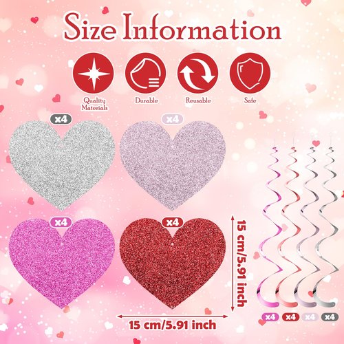 Chivertion 32 Pcs Valentines Party Decorations Pink Red Heart Hanging Swirls Decor Double-Sided Glitter Heart Streamers Ceiling Swirls for Valentine's Party Romantic Wedding Hanging Decorations