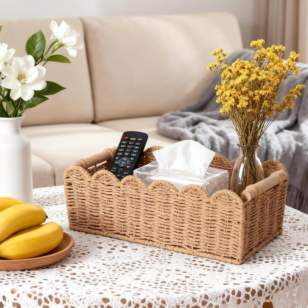 Scalloped Organizer Basket - Hand Woven Paper Rope Toilet Tank Storage with Wooden Handle | 14.2 x 6.5 x 5 Inches