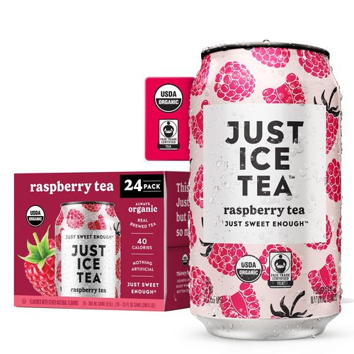Just Ice Tea, Raspberry Flavored Black Iced Tea, 24-Pack (12oz Cans), USDA Certified Organic, Low Calorie, No Artificial Sweeteners, Fair Trade, Made in USA.