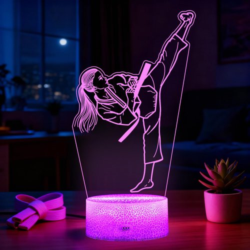 POSSHE Karate Girl Night Light, Karate Gifts, Taekwondo 3D Illusion Lamp with 16 Colors Changing, Timer, 4 Flash Modes and Dimmable, Kids Girls Room Decoration, Holiday Xmas Gifts