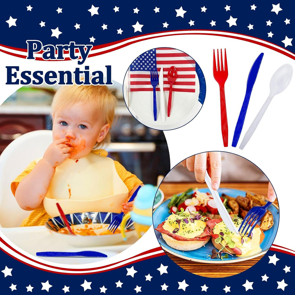 Patriotic American Flag Party Supplies - 450 Pcs Disposable Cutlery Set | 150 Spoons, Forks & Knives in Red, White & Blue