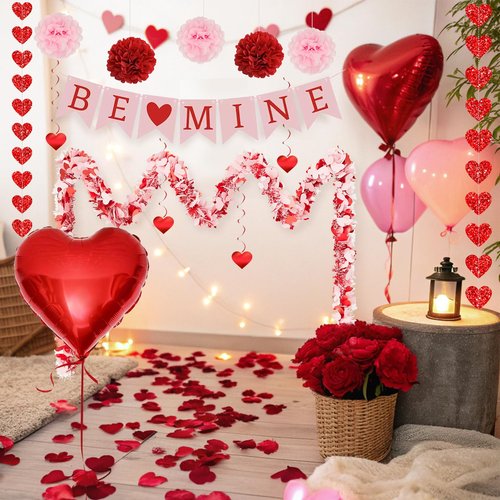 Valentines Day Decorations Set-Assembled Hanging Heart Swirls，BE Mine Banner，Heart Tinsel Garland，Love Heart balloon for Anniversary Wedding Romantic Valentine Party supplies