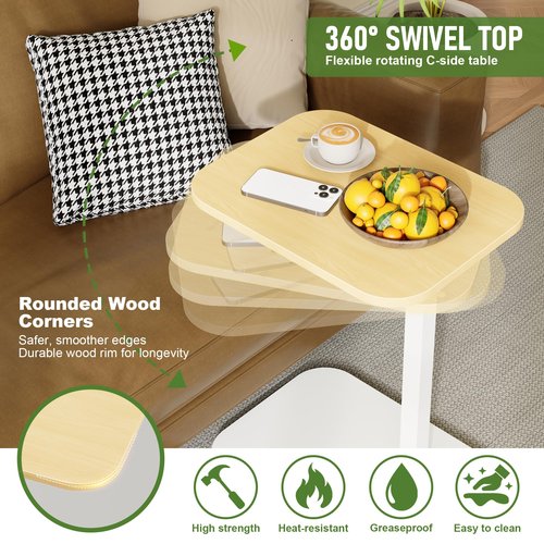 YFGNOEMI C Shaped End Table for Couch, Adjustable Height Couch Side Table, Horizontal 360°Swivel Small TV Tray Table Couch Side Tables That Slide Under (Wood)