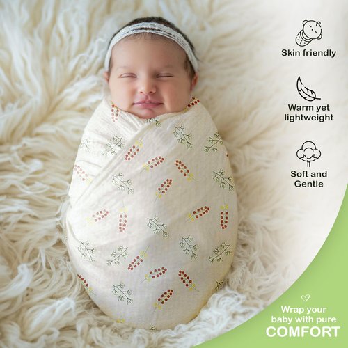 infancie 100% Organic Cotton Muslin Baby Blanket 3 Pack - Breathable Swaddle, Hypoallergenic Double-Layer, Versatile Use (Pink, Floral, Rust, 38x40 Inch)
