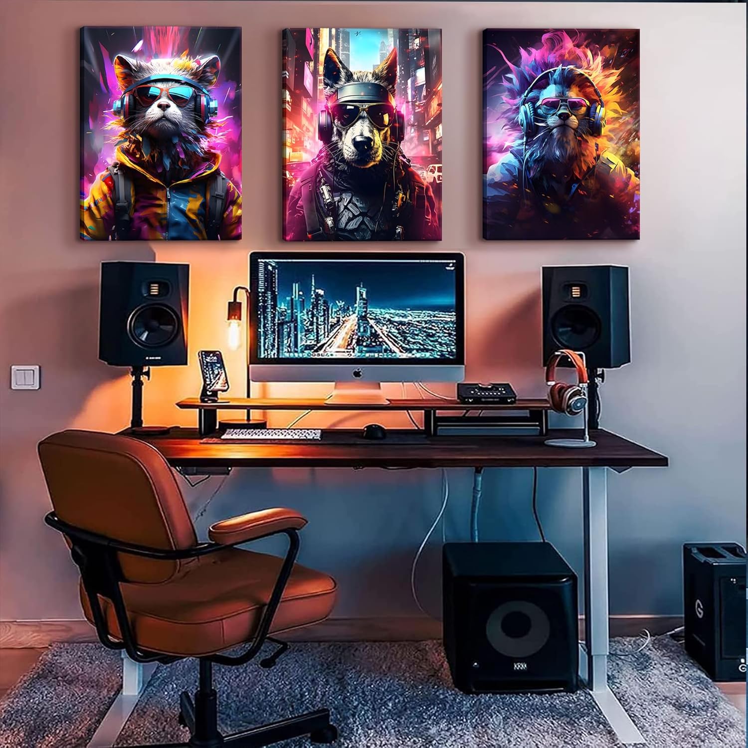 QGNBGBJ Framed Gaming Posters - Colorful Graffiti Animal Wall Art | Watercolor Cat, Dog & Lion Prints (12x16in)