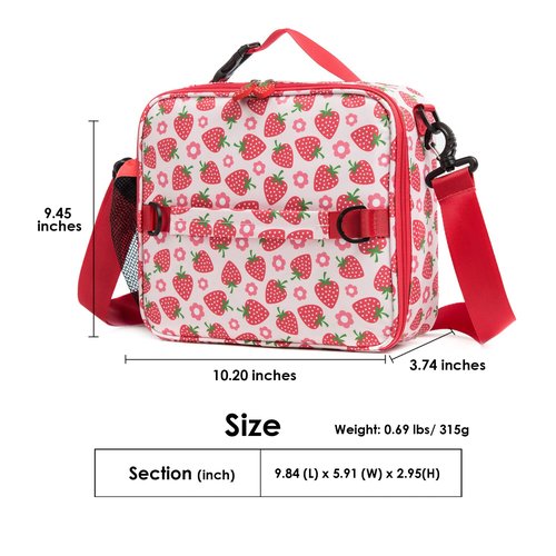 Khulula Girls Insulated Kids Lunch Boxes Bags for Hot or Cold Food Storage - Picnic Cooler Cookouts School Travel Reusable Lunch Tote Strawberry