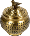 Round Hammered Metal Container - Elegant Bird Finial Design in Brass Finish