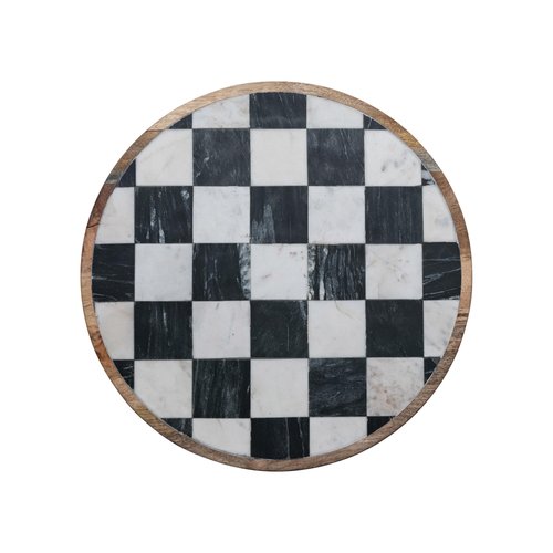 Creative Co-Op Checkered Lazy Susan in Mango Wood and Marble, White, Black and Natural