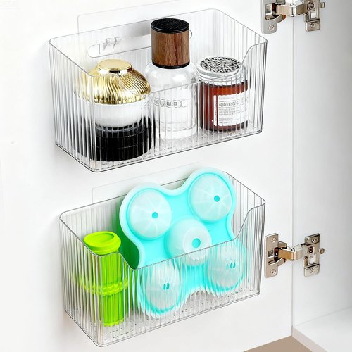 Clear Cabinet Door Organizer by [Brand Name] - 2 Pack Adhesive Wall Mounted Bins for Kitchen, Bathroom & Office Storage
