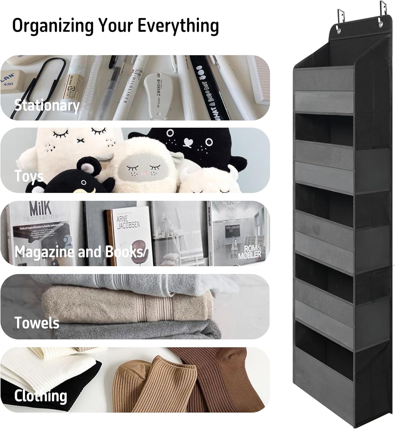 TYMENSH Over Door Organizer - Heavy Duty Storage with 5 Large Pockets for Closet, Bathroom, Nursery & More | Black