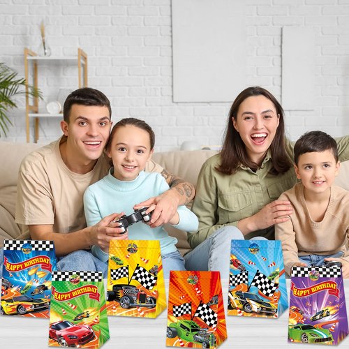 24Pcs Hot Car Birthday Party Supplies Race Car Party Favor Bags with Stickers Colorful Racing Themed Paper Gift Goodie Bags Checkered Flag Race Theme Treat Candy Bag for Kids Boys Birthday Decorations