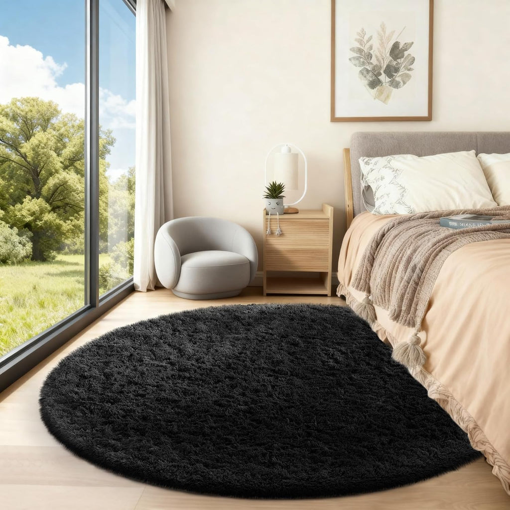 Ophanie Round Rug - 5Ft Black Circle Area Rug | Plush Soft Shaggy Carpet for Bedroom & Nursery Decor
