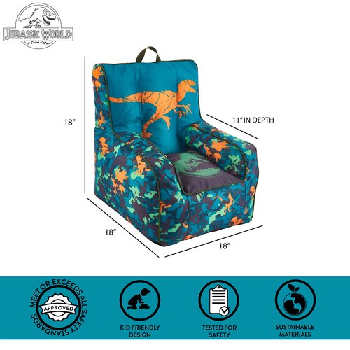 Jurassic World Kids Bean Bag Chair,Blue 18” x 18” Nylon Chair with Piping and Top Carry Handle, Lightweight & Portable Seating for Kids Room