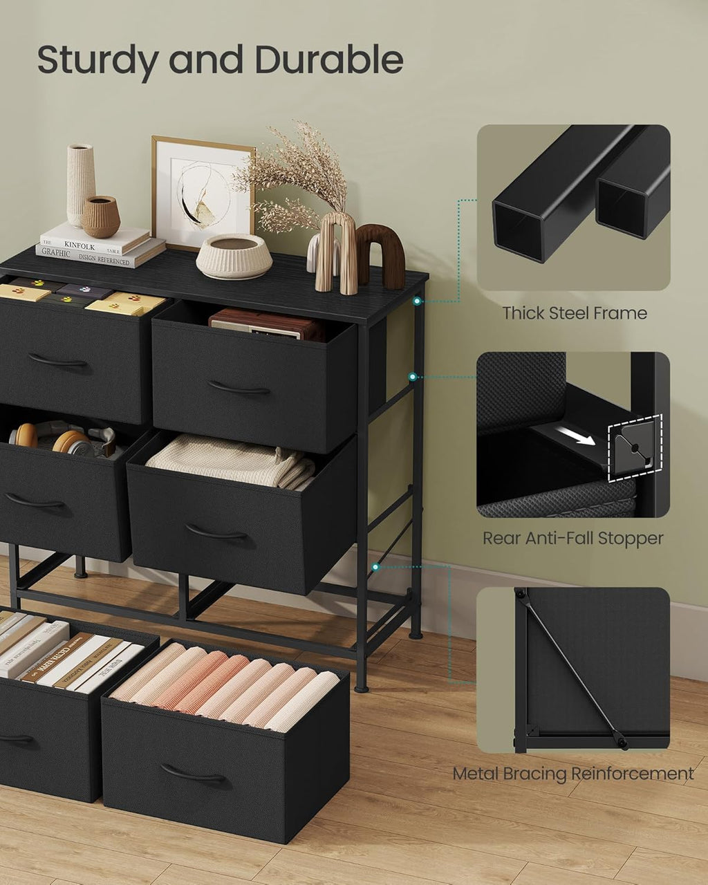 SONGMICS Dresser - Versatile Chest of Drawers & TV Stand with 6 Fabric Storage Bins | Ink Black & Ebony Black