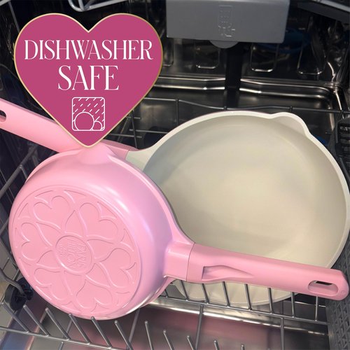 Paris Hilton Ceramic Cast Aluminum Nonstick Fry Pan, Fast & Even Heating with Easy Pour Spouts & Comfort-Grip Handle, 11-Inch, Pink