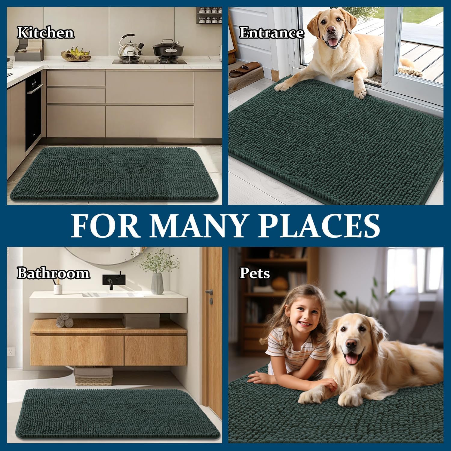 OLANLY Dog Door Mat - Absorbent Non-Slip Mud Mat for Indoor Use | 30x17 Inches, Blackish Green