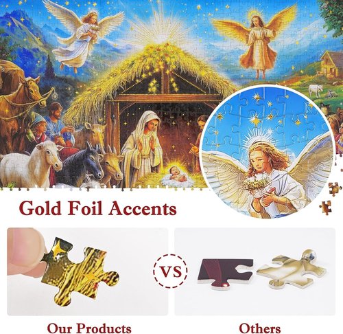 Gold Foil Accents Advent Calendar - 1008-Piece Christmas Jigsaw Puzzle | Religious Nativity Scene Countdown