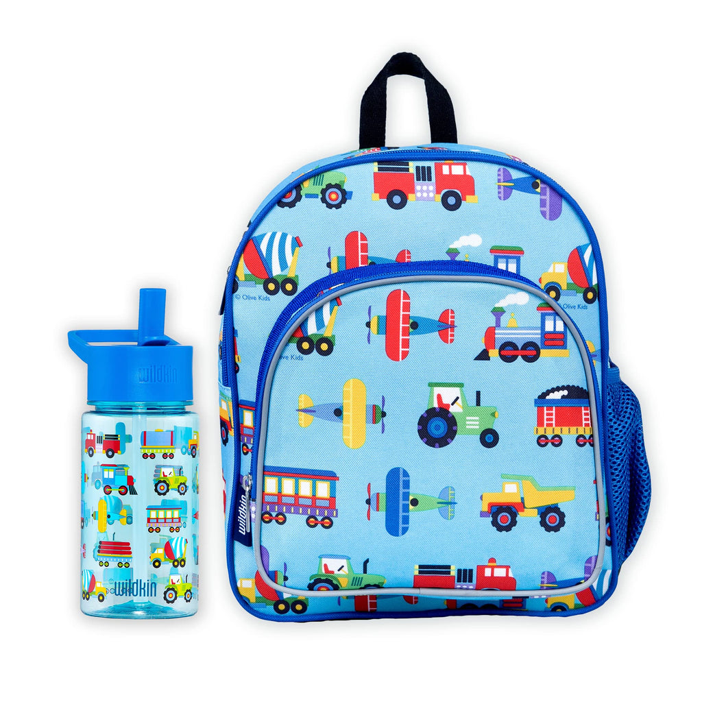 Wildkin 12-Inch Kids Backpack Bundle with 16 oz Reusable Water Bottle – Durable, Lightweight School & Travel Set - Trains, Planes & Trucks