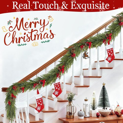 6 Ft Christmas Garland - Real Touch Cedar Garland with Red Berry Clusters Pinecones by 90 Cedar Branches, Realistic Greenery Faux,Christmas Garlands for Mantle Fireplace Table Centerpiece Decor