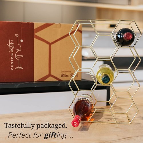 Gusto Nostro Countertop Wine Rack - 14 Bottle Freestanding Modern Gold Metal Small Wine Rack - 3 Tier Tabletop Wine Holder Stand for Cabinet, Pantry, Wine Bottle Storage - No Assembly Required