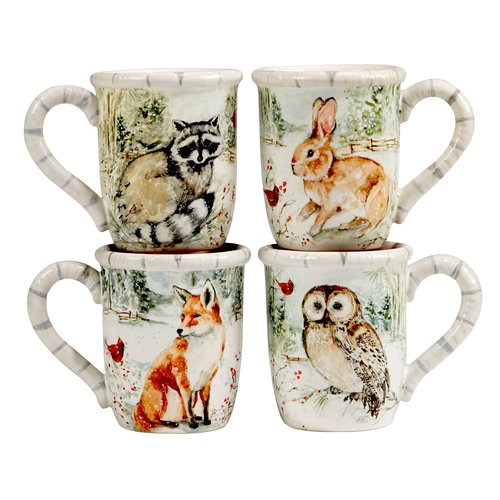 Winter’s Walk Set of 4 Ceramic Mugs – Enjoy hot cocoa, tea, or coffee in these delightful 16oz mugs adorned with foxes, owls, and raccoons, adding a touch of winter wonder to your mornings