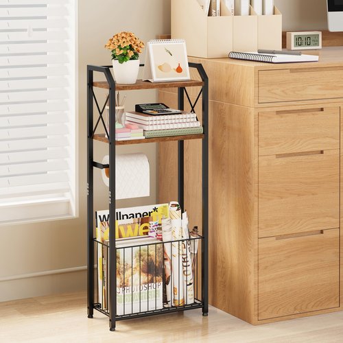 HapiRm Freestanding Toilet Paper Holder - 4-Tier Bathroom Tissue Organizer with Wood Shelves and Large Basket, Toilet Paper Holder Stand for Bathroom, Laundry Room, Apartment - Black（Large）