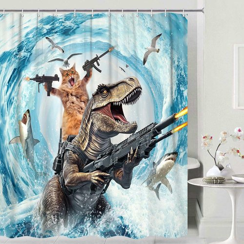 Grtuspr Funny Cat Shower Curtain Set, Cute Cat Riding Dinosaur Theme Ocean Curtains for Bathroom Fun Nautical Kids Decor Polyester Fabric Restroom Curtains