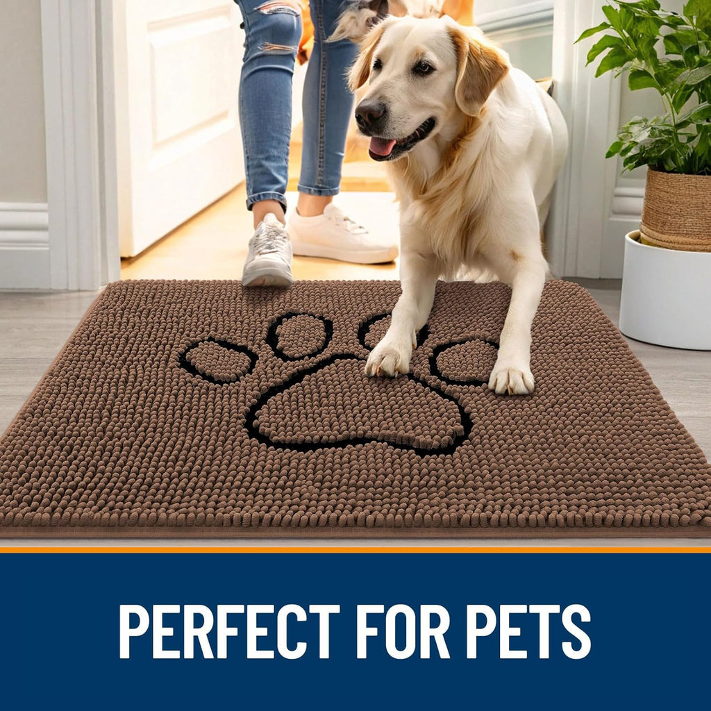 OLANLY Dog Door Mat - Absorbent Non-Slip Chenille Mat for Muddy Paws | 36x24 Mocha Paw Print Design