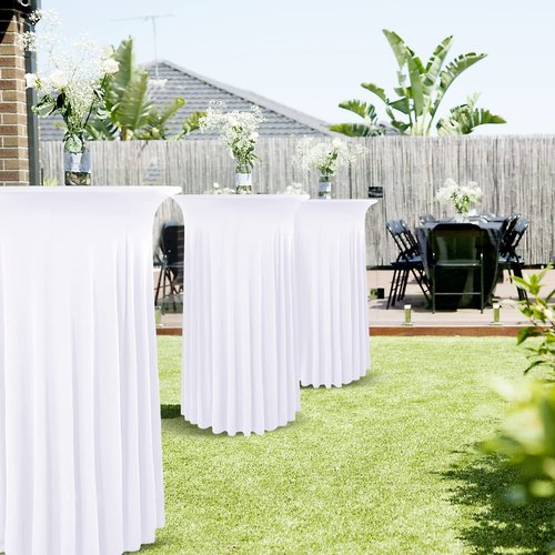 REWOMC 10 Packs Round Cocktail Table Skirt 24"x 43" Spandex Stretch Cocktail Tablecloth with Wavy Drapes, White Spandex Fitted High Top Table Covers for Wedding Bar Party Birthday Banquet Tables