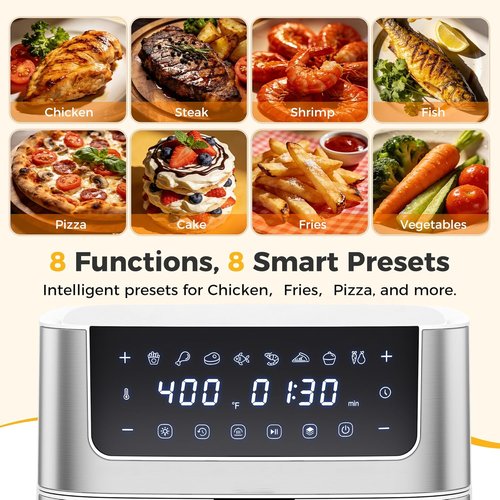 NEWBULIG Air Fryer - 6.34QT Capacity with Visible Window & Fast Heating - Stainless Steel, White