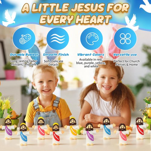 KYUKUDZ 50Pcs Mini Jesus Figures,Little Jesus Figurines in Bulk,Multicolor Tiny Jesus Figures,Miniature Figurines to Hide and Seek Religious Gifts for Baptism Sunday Easter Egg Stuffers