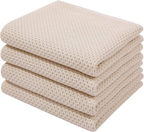 Homaxy Kitchen Dish Towels - Ultra Soft 100% Cotton Waffle Weave | Quick Drying, 13 x 28 Inches, 4-Pack, Beige