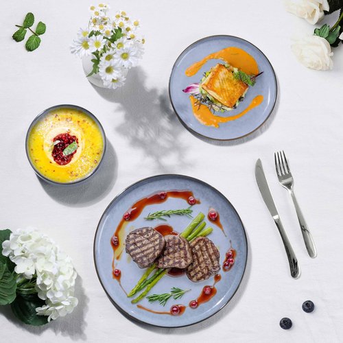 Herogo Stoneware Dinnerware Sets with Salad Bowls, Dinner Plates and Bowls Sets for 4, 16 Piece Dishware Place Setting for Kitchen, Chip & Scratch Resistant Dishware, Haze Blue