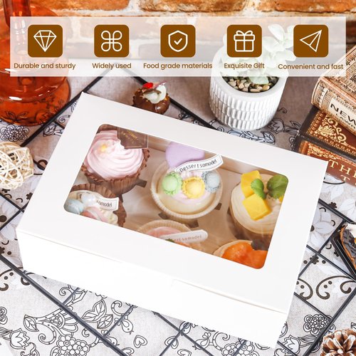NPLUX 6 Pack Cupcake Boxes with Inserts 6 Holders, White Standard Bakery Boxes with Window Food Grade Cupcake Containers 6 Count for Muffins