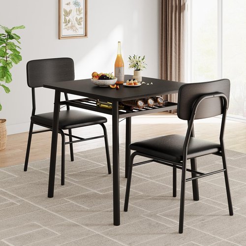 IDEALHOUSE 3-Piece Dining Table Set for 2 with Storage Rack, Wood Kitchen Table with Upholstered Chairs Set of 2, Small Square Table Set with Metal Legs Support, for Dining Room, Living Room, Black