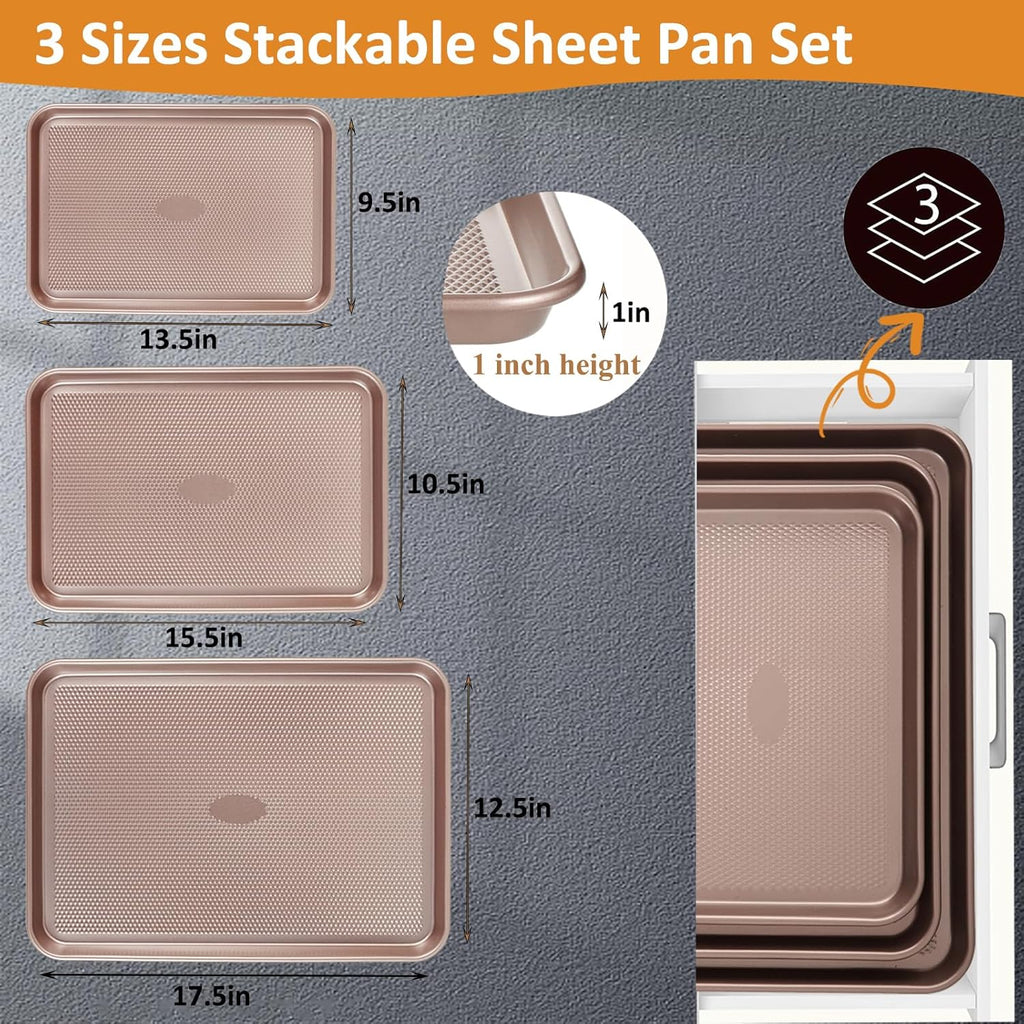 SS&CC Nonstick Baking Sheet Pan Set - 3 Carbon Steel Cookie Sheets, PFOA-Free & Oven Safe (17.5x12, 15.5x10.2, 13.5x9.5 Inch)