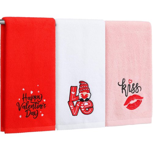 FuWeave 3 Pcs Embroidered Valentines Hand Towels for Bathroom 13.7 x 29.5 Inch Cotton Happy Valentine's Day Red Love Gnome Absorbent Bathroom Kitchen Dish Towel for Hand Drying Cleaning Cooking Gift