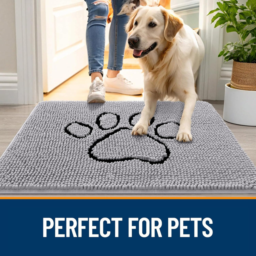 OLANLY Dog Door Mat - Absorbent Muddy Paws Doormat | Non-Slip Chenille 48x30, Light Grey