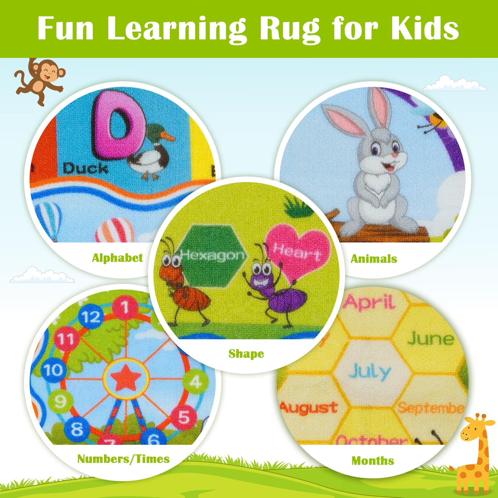 STARUIA ABC Kids Rug for Playroom, Non-Slip Educational Toddler Rug for Learning Alphabet Animals Numbers Months Shapes, Washable Playroom Rugs for Daycare Classroom Nursery Decor (36"X59")