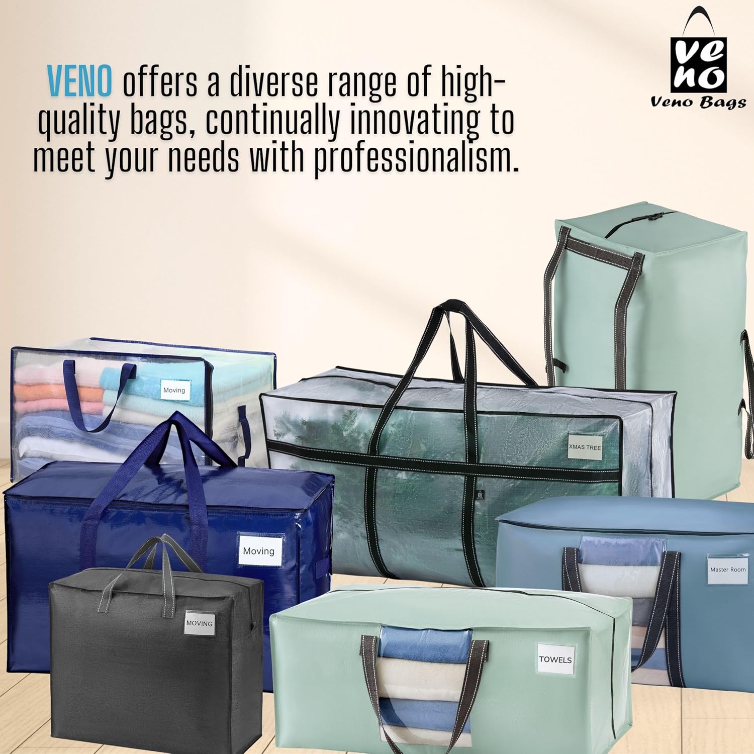 VENO Clear Moving Bags - 90L Extra Large Transparent Storage Totes with Heavy-Duty Reinforced Handles & Zippers