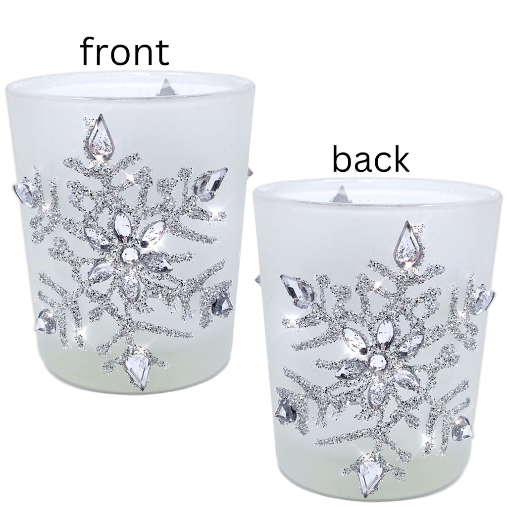 Snowflake Candle Holder - Lighted Frosted Glass Holders - Set of 3 with LED Candles - Glittery Snow Flake Holders with Jewels - Christmas Decor - 2.75" H x 2" D