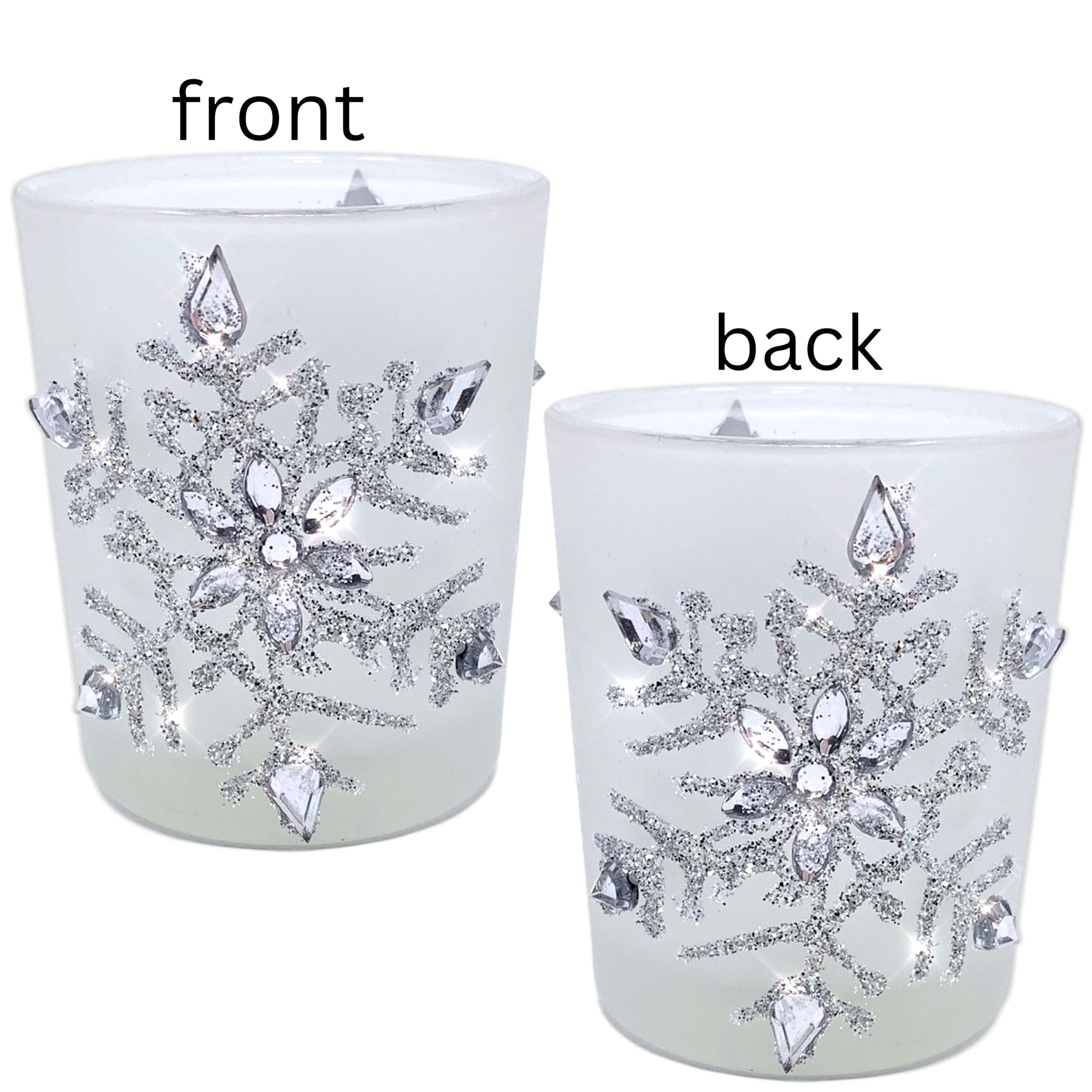 Snowflake Candle Holder - Lighted Frosted Glass Holders - Set of 3 with LED Candles - Glittery Snow Flake Holders with Jewels - Christmas Decor - 2.75" H x 2" D
