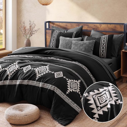 MaiRêve Embroidery Queen Size Comforter Set Black, Boho Farmhouse Western Bedding Set 7 Pieces, All Season Bed in A Bag Comforter Set with Sheets, Pillowcases & Shams