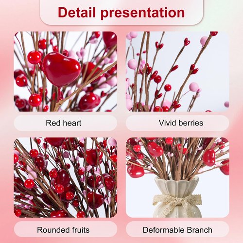 Kanxinr Valentines Day Decorations Valentine's Day Gifts 24 Pack Red Heart Shaped Berry Picks with Pink Berries for Valentine Wedding Candlelight Dinner Anniversary Decorations (Red)